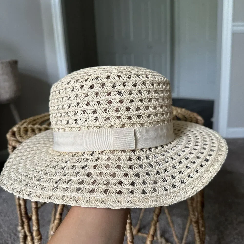 Free People Beige Crochet Woven Straw Sun Hat One Size Summer Beach
